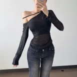 Y2K Style Womens Long Sleeve T Shirt Slim Fit Asymmetrical Shoulder Design Rhinestone Detail Spr