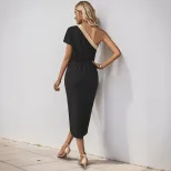 Asymmetrical Color Block Dress Waist Defining One Shoulder Elegant Style Perfect for Parties and