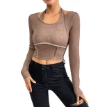 Womens Fitted Knit Long Sleeve T Shirt Exposed Stitching Halter Neck Stylish Design Autumn Winte