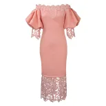 Off Shoulder Lace Trimmed Evening Dress Lantern Sleeves Elegant Design Perfect for Parties Whole