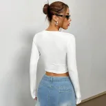 V Neck Long Sleeve Crop Top Solid Color Stylish Design Sexy Fit Spring Summer Womens Fashion Who