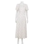 Floral Print Maxi Dress French Style Round Neck Puff Sleeves Backless High Slit Summer Casual We