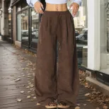 Womens Summer Wide Leg Trousers Stretchy Wrinkle Free Elastic Waist Casual Street Style Wholesal