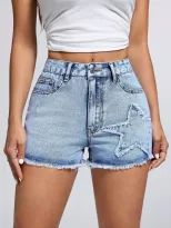 Casual Womens Denim Shorts Star Print Frayed Hem Stylish Design Summer Wear Wholesale Available