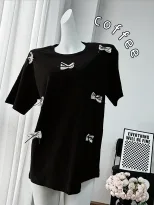 Womens Short Sleeve T Shirt Sweet Bow Design Loose Fit Round Neck Cotton Fabric Spring Summer Ca