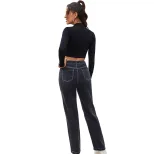 High Waisted Black Denim Straight Leg Pants Fashionable Trendy Comfortable Fall Winter Wear Whol