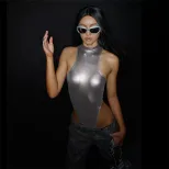 Womens Reflective Sleeveless Bodysuit Trendy Bright Colors Stand Up Collar Bodycon Fit Nightclub