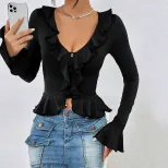 Womens Y2K Ruffled Crop Top Slim Fit Long Sleeve Trendy Design Spring Summer Fashion Wholesale A