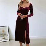Vintage Style Red Velvet Evening Dress with Square Neckline and Side Slit for Women Wholesale Low MOQ