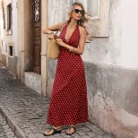 Vintage Polka Dot Maxi Dress Halter Neck V Neck Sleeveless Retro Style Perfect for Summer Vacati
