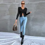 Womens Long Sleeve Cropped T Shirt Slim Fit Split Hem Elegant Style Perfect for Spring Summer Of