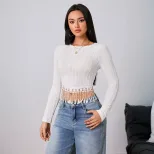 Womens T Shirt Simple Elegant Design Fringe Detail Slim Fit Spring Summer Fashion Wholesale Avai