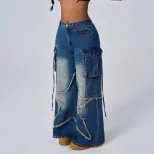 Vintage Star Print Denim Cargo Pants for Women Retro Style Casual Fit Versatile Wear Wholesale A