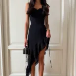 Elegant Solid Color Asymmetrical Ruffle Hem Cami Dress Slim Fit Fashionable Style Perfect for Su