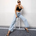 High Waisted Wide Leg Jeans Summer Style Tie Design Washed Fabric Casual Wear for Women Ready to