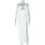 Bodycon Halter Dress Solid Color Asymmetrical Hem High Slit Chic Evening Wear for Women Wholesal