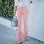 High Waisted Corduroy Slim Fit Flare Pants Solid Color Elastic Waist Casual Style Spring Summer