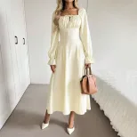 Womens A Line Long Sleeve Dress Square Neck Tie Waist Pleated Flattering Fit Elegant Casual Wear