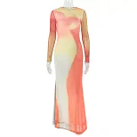 Color Block Bodycon Dress Slim Fit Long Sleeve Round Neck Ruffled Design Summer Fashion for Wome