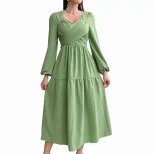 Elegant V Neck Midi Dress Fresh Spring Summer Style Youthful Green Color Wholesale Available OEM