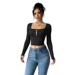 Long Sleeve Cropped T Shirt Sexy Slim Fit Square Neck Stretch Fabric Autumn Fashion for Women Wh