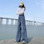 欧洲站2023春秋高腰直筒阔腿工装牛仔裤女百搭显瘦大码宽松直筒裤