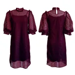 Hollow Out Puff Sleeve Two Piece Dress Solid Color Elegant Design Suitable for Fall Wholesale Av