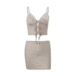 Vintage Inspired Womens Summer Outfit V Neck Plaid Cami Top Bodycon Mini Skirt Set Perfect for C