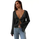 Loose Satin Tie Front Cardigan T Shirt Sexy Style Spring Summer Fashion Womens Apparel Wholesale