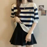 Plus Size Womens Loose Fit Short Sleeve Knit Top Striped Pattern Summer Casual Wear