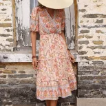Floral Print V Neck Midi Dress Ruffled Hem Pink Color Country Style Perfect for Spring Summer Wh