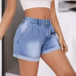Loose Fit High Waisted Denim Shorts Versatile Flattering Rolled Hem Casual Summer Wear Wholesale