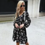 Fashion Womens Black Floral Print Long Sleeve V Neck Dress Stylish Elegant Versatile Perfect for