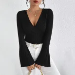 V Neck Bell Sleeve T Shirt Slim Fit Burgundy Color Spring Summer Style Wholesale Available priva