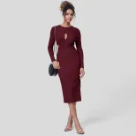 Slim Fit Hollow Out Long Sleeve Dress Solid Color Round Neck Bodycon Side Slit Elegant for Eveni