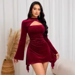 Elegant Burgundy Midi Dress Sophisticated Design Autumn Winter Style Perfect for Parties Wholesa