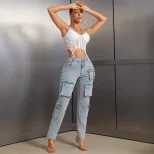 Womens Cargo Denim Trousers Multi Pocket Design Casual Style Comfortable Fit Perfect for Everyda
