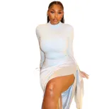 Slim Fit Solid Color Midi Dress for Women Elegant Style Ruffled Details Round Neck Long Sleeve P