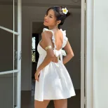 V Neck Sleeveless Dress European and American Fashion Ruched Backless Short Skirt Perfect for Pa