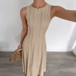 Sleeveless A Line Dress Solid Color Waist Defining Minimalist Design Summer Casual Wear Wholesal