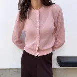 Soft Knit Cardigan Hollow Out Design Round Neck Long Sleeve Casual Chic for Spring and Autumn Wh