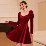 French Style Midi Dress Burgundy Color High Waist Korean Velvet Fabric Spring Summer Fashion Who