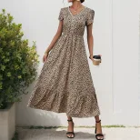 Elegant Leopard Print Maxi Dress with Lace Trim V Neck Flowy Silhouette Versatile Style Perfect