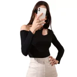 Womens Long Sleeve T Shirt Sexy Hollow Out Waist Defining Casual Style Autumn Winter Collection