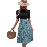 Summer Elegant Color Block Leopard Print Dress Half High Neck Fresh Style Versatile for Casual o