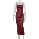 Vintage Burgundy PU Leather Bodycon Dress Spaghetti Straps High Slit Elegant Style Perfect for P