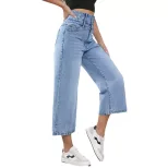 High Waisted Wide Leg Jeans Straight Cut Cropped Length Denim Fabric Casual Wear for Women Whole