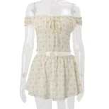 Spring Womens Floral Print Top and A Line Skirt Set Sweet Style Off Shoulder Neckline Slim Fit P