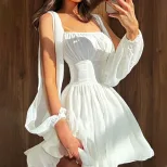 Solid Color Square Neck Off Shoulder Dress Hollowed Long Sleeves Waist Cinching A Line Silhouett