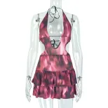 Backless Floral Print Halter Neck Mini Dress Slim Fit Cake Style Fresh Design Perfect for Vacati